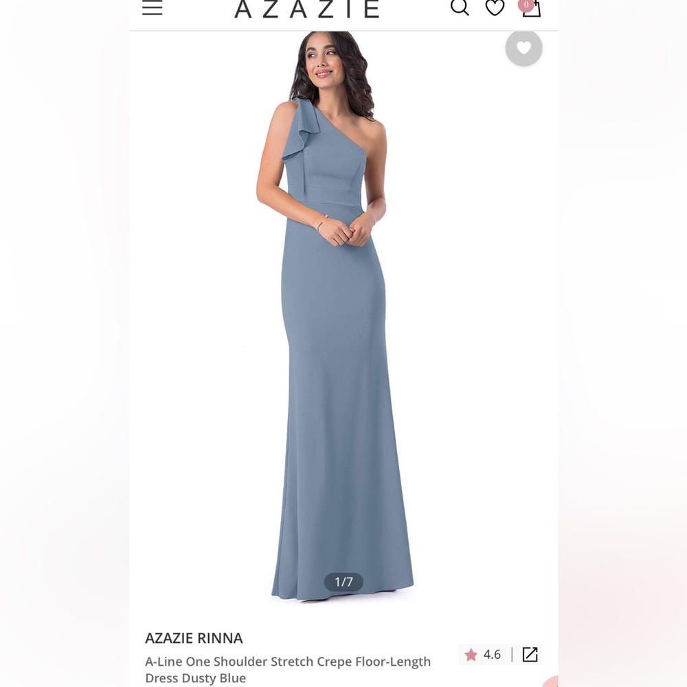 Azazie “Rinna” One Shoulder Floor length dress in “Dusty Blue”